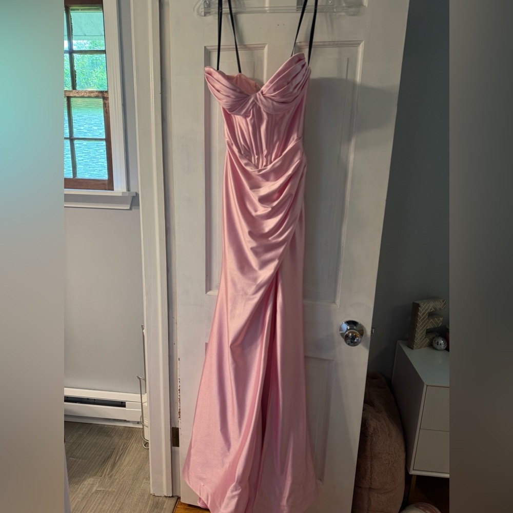 Pink satin slit prom dress